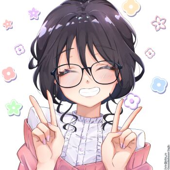 1girl black-framed_eyewear black_hair blush closed_eyes commentary commission commissioner_name double_v eyelashes fingernails glasses grin hair_between_eyes hair_intakes highres kaoru_hana_wa_rin_to_saku nail_polish pink_nails pink_sweater portrait shirt short_hair smile solo sweater takoroki teeth twitter_username v vgen_commission waguri_kaoruko white_background white_shirt