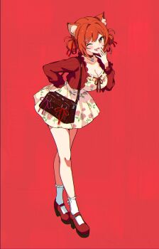 1girl ;d absurdres animal_ear_fluff animal_ears ankle_socks bag bare_legs blush breasts cat_ears choker cleavage collarbone cropped_jacket double_bun dress floral_print full_body hair_bun hair_ornament hair_ribbon hairclip hand_on_own_face hand_on_own_hip handbag heart heart_necklace high_heels highres jacket jewelry large_breasts leaning_forward long_sleeves looking_at_viewer nail_polish necklace nijisanji nishinoda one_eye_closed open_clothes open_jacket open_mouth orange_eyes print_dress ratna_petit red_background red_choker red_hair red_jacket red_nails red_ribbon red_shoes ribbon rose_print shoes short_hair shoulder_bag simple_background smile socks solo standing white_socks yellow_dress