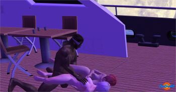 1boy 2girls absurdres bisexual_female black_hair blind blindfold boat breasts company_connection crossover dead_or_alive ffm_threesome grabbing_another&#039;s_breast groping group_sex highres joe_hayabusa kiss luna_(doa) lying moon multiple_girls night ninja_gaiden nude pink_hair rio_rollins super_blackjack tecmo threesome watercraft