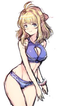1girl blonde_hair blue_eyes breasts cat_with_a_brush cleavage closed_mouth commentary fiora_(xenoblade) jewelry long_hair looking_at_viewer medium_breasts simple_background smile solo swimsuit white_background xenoblade_chronicles_(series) xenoblade_chronicles_1