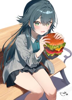 1girl bench black_skirt blush burger collared_shirt commentary_request double-parted_bangs drooling food gakuen_idolmaster green_eyes green_hair hair_intakes highres holding holding_burger holding_food idolmaster long_eyelashes looking_at_viewer mouth_drool nyum on_bench plaid_clothes plaid_sweater shirt sitting skirt solo sweater tsukimura_temari white_background