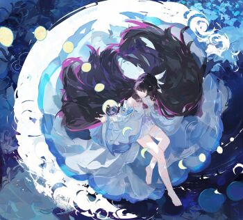 1girl bare_shoulders black_hair closed_eyes columbina_(genshin_impact) dress eye_mask feathered_wings genshin_impact head_wings highres legs long_hair long_sleeves mask multicolored_hair off-shoulder_dress off_shoulder orb purple_hair ripples short_dress solo very_long_hair whisper_(suisuibingtang) white_dress white_wings wide_sleeves wings
