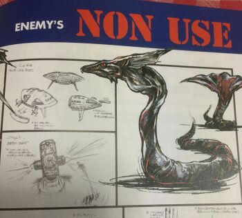 aircraft airplane artist_request bio-mecha concept_art container cut_content daiei_digital_entertainment daiei_film english_text gamera_(series) gamera_2000 gyaos highres japanese_text jet kaiju mecha mixed-language_commentary monochrome monster official_art red_eyes robot sketch snake spacecraft surveyor_corp. tail translation_request ufo virgin_interactive vtol wings