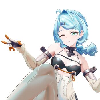 Rule 34 | 1girl, ahoge, akaika (aka), bare shoulders, blue eyes, blue hair, blush, braid, breasts, commentary request, elbow gloves, flower hairpin, formal clothes, gloves, hair ornament, hairpin, highres, latex, latex pants, long hair, looking at viewer, mole, mole on shoulder, one eye closed, pants, see-through clothes, seed (zenless zone zero), simple background, small breasts, smile, solo, suit, white background, white gloves, white suit, zenless zone zero