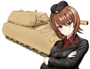 1girl black_hat black_jacket breasts brown_eyes brown_hair cardboard commentary_request cross crossed_arms eyes_visible_through_hair garrison_cap girls_und_panzer hair_between_eyes hat highres iron_cross jacket kuromorimine_military_uniform large_breasts long_sleeves looking_at_viewer maus_(tank) military military_hat military_jacket military_uniform military_vehicle motor_vehicle nishizumi_maho red_shirt serious shirt short_hair simple_background solo tank upper_body white_background zaofeng