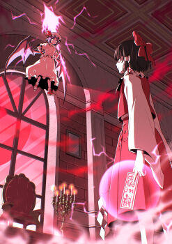 2girls ascot bat_wings between_fingers bow brown_hair candle candlestand closed_mouth collared_shirt commentary_request detached_sleeves embodiment_of_scarlet_devil energy fighting flying gohei hair_bow hair_tubes hakurei_reimu hat hat_ribbon highres holding holding_gohei holding_weapon indoors inuno_rakugaki medium_hair mob_cap moon multiple_girls official_alternate_costume ofuda ofuda_between_fingers red_bow red_eyes red_moon red_ribbon red_shoes red_skirt remilia_scarlet ribbon ribbon-trimmed_sleeves ribbon_trim shaded_face shirt shoes skirt skirt_set socks spear_the_gungnir touhou weapon white_hat white_shirt white_skirt white_socks window wings
