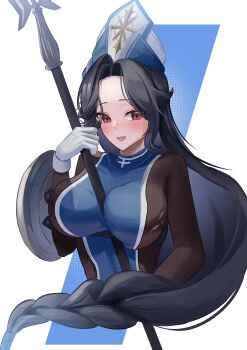 1girl absurdres between_breasts black_hair blue_tabard blush bodystocking bodysuit braid braided_ponytail breasts brown_bodysuit cropped_torso fang gloves goddess_of_victory:_nikke hat highres holding holding_mace holding_weapon long_hair mace maiden_(ice_rose)_(nikke) maiden_(nikke) merry_051922 official_alternate_costume open_mouth red_eyes simple_background skin_fang smile solo tabard torn_bodystocking torn_clothes upper_body very_long_hair weapon white_gloves