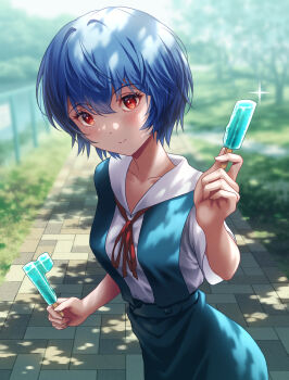 1girl ayanami_rei blue_hair blue_skirt blurry blurry_background blush breasts closed_mouth collarbone commentary cowboy_shot day depth_of_field dress_shirt eyelashes fence food grass hair_between_eyes hand_up highres holding holding_food holding_popsicle incoming_food light_smile looking_at_viewer medium_breasts neck_ribbon neon_genesis_evangelion outdoors park path popsicle red_eyes red_ribbon ribbon road school_uniform shirt short_hair short_sleeves skirt smile solo sparkle standing stone_floor suspender_skirt suspenders tokyo-3_middle_school_uniform tree white_shirt yahha