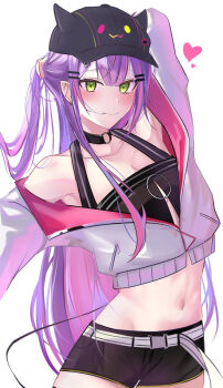 1girl arm_behind_head armpits baseball_cap belt black_choker black_shorts blush choker collarbone commentary demon_girl demon_tail ear_piercing fake_horns grabbing_own_hair green_eyes hair_between_eyes hair_ornament hat heart highres holding holding_own_hair hololive horned_headwear horns long_hair long_sleeves looking_at_viewer midriff multicolored_hair navel piercing pikurusuda pink_hair pointy_ears purple_hair shorts simple_background tail tokoyami_towa tokoyami_towa_(1st_costume) virtual_youtuber white_belt