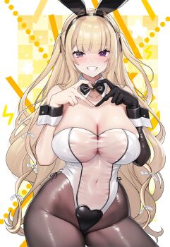 1girl absurdres animal_ears bad_source bare_shoulders blonde_hair breasts brown_dust_(series) brown_dust_2 cleavage detached_collar eleaneer_(brown_dust_2) fake_animal_ears heart heart_hands heart_pasties highres large_breasts leotard long_hair looking_at_viewer official_art pantyhose pasties purple_eyes rabbit_ears see-through_clothes see-through_leotard smile solo strapless strapless_leotard two_side_up wrist_cuffs