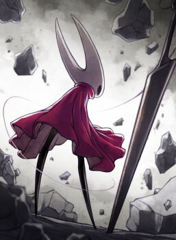 1girl arthropod_girl cloak debris fuifui hollow_eyes hollow_knight hollow_knight:_silksong horned_mask hornet_(hollow_knight) mask needle_(hollow_knight) planted red_cloak solo thread white_mask