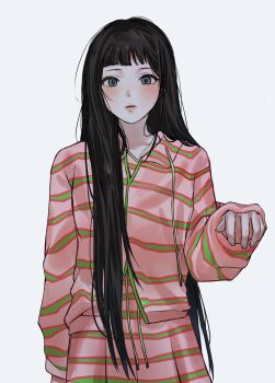 1girl blue_eyes blue_nails blush bo1_27 cowboy_shot hair_over_shoulder hand_up hashtag-only_commentary highres illit jellyous_(illit) k-pop long_hair looking_at_viewer pajamas pants parted_lips pink_pants pink_shirt real_life shirt simple_background solo striped_clothes white_background wide-eyed wispy_bangs wonhee_(illit)