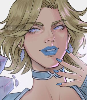 1girl absurdres artist_name artzaisha blonde_hair blue_eyes blue_lips blue_nails blue_trim choker commentary diamond-shaped_earrings emma_frost highres looking_to_the_side marvel marvel_rivals mature_female parted_lips short_hair smile solo upper_body white_background white_choker x-men