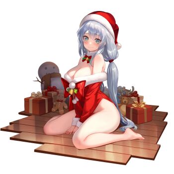 1girl absurdres bare_shoulders barefoot bell bottomless bow breasts detached_collar feet gift green_eyes grey_hair hairband hat haze/reverb highres korowin_k_vella large_breasts long_hair looking_at_viewer official_alternate_costume official_art on_floor own_hands_together red_bow red_hairband santa_costume santa_hat sitting smile snowman stuffed_animal stuffed_toy very_long_hair wariza wooden_floor