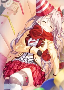 1girl 1other absurdres arm_under_breasts arthur_ishii black_gloves black_ribbon blurry blush bow bow_legwear breasts closed_eyes commentary_request confetti couch depth_of_field diagonal-striped_clothes diagonal-striped_necktie dutch_angle eyelashes facing_viewer feet_out_of_frame fingerless_gloves from_above gloves grey_hair hair_ribbon hair_spread_out hanasaki_work_spring hat highres jacket knee_up large_breasts long_hair long_sleeves lying miniskirt necktie on_back on_couch one_side_up open_clothes open_jacket open_mouth party_hat plaid_clothes plaid_skirt pleated_skirt red_bow red_ribbon red_scarf red_skirt ribbon scarf school_uniform shiranui_inori shirt skirt sleeping solo_focus striped_clothes striped_thighhighs swept_bangs thighhighs very_long_hair white_shirt yellow_jacket zettai_ryouiki