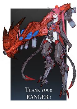 1girl absurdres arm_cannon armor biomechanical biopunk colored_skin commission cyborg digitigrade english_text full_body highres horns kasanomaya long_hair mecha_musume orange_eyes original r-type red_hair science_fiction second-party_source single_horn solo standing very_long_hair weapon white_skin
