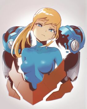 Rule 34 | 1girl, absurdres, armor, blonde hair, blue bodysuit, blue eyes, bodysuit, breasts, bright pupils, frown, head tilt, highres, impossible bodysuit, impossible clothes, lem, looking at viewer, medium breasts, metroid, metroid dread, mole, mole under mouth, nintendo, normal suit (metroid), ponytail, power armor, power suit (metroid), samus aran, science fiction, skin tight, solo, upper body, white pupils