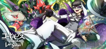 1boy artist_request black_hair brown_hair clothes_theft code_geass code_geass:_lost_stories commentary_request highres lelouch_vi_britannia male_focus mask official_art open_mouth phantom_thief purple_eyes short_hair smile solo theft thief two-tone_mask