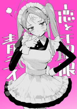 1girl absurdres ahoge apron blush breasts chihaya_senri closed_mouth commentary_request facial_mark forehead_mark greyscale_with_colored_background highres koi_to_senrigan_to_aonisai long_sleeves maid maid_headdress ouchi_kaeru pink_background solo sweat twintails