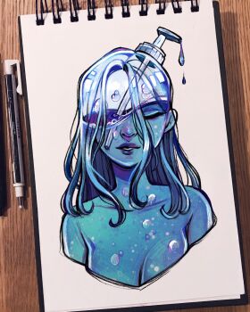 Rule 34 | 1girl, blue hair, blue skin, breasts, bubble, cleavage, closed eyes, colored skin, feefal, highres, lips, long hair, nose, original, procreate (medium), soap, soap-chan (feefal), soap bottle, soap bubbles