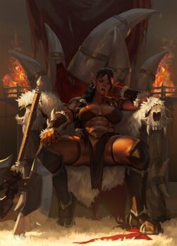 1girl abs absurdres armor axe battle_axe black_hair boots brazier brown_eyes dark_skin earrings fur_trim gara'ha_ironbane greaves highres jewelry leaning_back loincloth long_braid looking_at_viewer lyna-zf muscular muscular_female orc pointy_ears shoulder_tattoo sitting_on_throne skull smile tattoo throne_room tusks undercut warcraft weapon world_of_warcraft