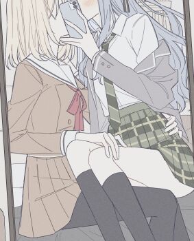 Rule 34 | 2girls, bang dream!, bang dream! it's mygo!!!!!, black pantyhose, black socks, blonde hair, blue hair, blush, brown dress, cellphone, commentary request, diagonal-striped clothes, diagonal-striped necktie, dress, green necktie, green skirt, grey jacket, hanasakigawa school uniform, haneoka school uniform, highres, holding, holding phone, jacket, kiss, kneehighs, korean commentary, long hair, medium hair, mirror selfie, misumi uika, multiple girls, necktie, open clothes, open jacket, pantyhose, phone, plaid clothes, plaid skirt, sailor collar, sailor dress, school uniform, selfie, sidelocks, single off shoulder, sitting, sitting on lap, sitting on person, skirt, smartphone, socks, striped clothes, togawa sakiko, uis410, white sailor collar, yuri