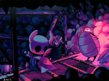 Rule 34 | 1girl, 1other, animated, animated gif, arthropod girl, birdsmybeloved, cave, crystal, glowing, holding, holding quill, hollow knight, knight (hollow knight), looping animation, mine (place), mining, myla (hollow knight), nail (hollow knight), pickaxe, quill, sitting, writing