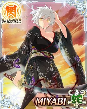 1girl arm_at_side aura bird black_kimono border breasts butterfly_print_kimono card_(medium) character_name cleavage dark_aura feather_hair_ornament feathers game_cg hair_ornament hand_on_own_head holding holding_sword holding_weapon japanese_clothes kimono large_breasts miyabi_(senran_kagura) official_art senran_kagura senran_kagura_new_wave short_hair slit_pupils solo sunrise sword third-party_source too_many too_many_birds weapon white_hair yellow_eyes