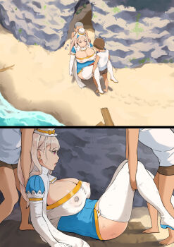 1girl barefoot beach blonde_hair boots breasts carrying cave choker cleavage covered_erect_nipples feet from_above from_side hat highres huge_breasts hyouchakubutsu_to_itazura irotenya legs long_hair mini_hat nipples ocean original outdoors parted_lips pink_eyes sand sequential shorts shota standing thigh_boots thighhighs thighs toes water