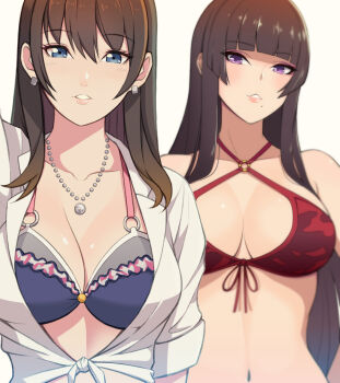2girls bikini bikini_under_clothes black_hair blue_eyes blunt_bangs bra breasts cleavage collar collarbone dead_or_alive dead_or_alive_xtreme earrings hair_between_eyes highres hime_cut jewelry konishiki_(52siki) large_breasts long_hair looking_at_viewer mole mole_under_mouth multiple_girls nanami_(doa) navel necklace nyotengu purple_eyes red_bra shirt simple_background smile swimsuit teeth tied_shirt underwear upper_body white_background white_shirt