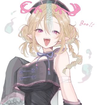 antlers bandaged_arm bandages beads black_dress blonde_hair braid breasts chinese_clothes cleavage_cutout clothing_cutout double_bun dress frilled_sleeves frills hair_bun hat hat_ornament highres horns jiangshi jiangshi_costume lace-trimmed_sleeves lace_trim large_breasts looking_at_viewer looking_down nuu_monst ofuda ofuda_on_head open_mouth original pink_eyes pointy_ears qingdai_guanmao see-through_clothes sleeves_past_wrists talisman tongue tongue_out twin_braids whisp