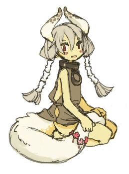 1girl bare_shoulders black_shirt blush_stickers bottomless collar fang from_side full_body grey_hair hair_between_eyes horns koki08186863 long_hair looking_at_viewer metal_collar open_mouth original red_eyes seiza shirt side_slit simple_background sitting sleeveless sleeveless_shirt solo tail tail_ornament twintails white_background