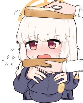 1girl 1other aoba_(blue_archive) blonde_hair blue_archive blush bread commentary_request food hair_ornament hairclip hat highres holding idiot_sandwich_(meme) meme nervous_sweating open_mouth peaked_cap red_eyes simple_background sweat