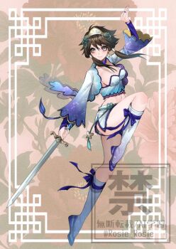 Rule 34 | 1girl, breasts, brown eyes, brown hair, chai xianghua, cleavage, crop top, flats, hairband, jacket, jian (weapon), kneehighs, leg up, medium breasts, midriff, navel, open clothes, open jacket, pommel tassel, rosie rosie, short hair, short shorts, shorts, sidelocks, smile, socks, solo, soul calibur, soulcalibur, soulcalibur vi, sword, weapon, wide sleeves