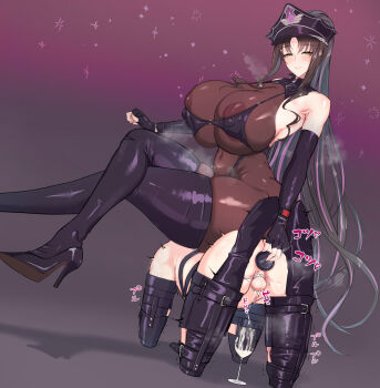 1boy 1girl all_fours anal anal_object_insertion armpit_crease bare_shoulders bdsm bitchsuit black_footwear black_thighhighs bodysuit bondage_outfit bound bound_arms bound_legs breasts brown_hair bursting_breasts chastity_cage crossed_legs cum cum_in_container cup drinking_glass elbow_gloves fate/grand_order fate_(series) femdom fingerless_gloves forniphilia gloves gradient_background halterneck hat hetero high_heels highres huge_breasts human_chair human_furniture impossible_clothes large_areolae long_hair male_penetrated multicolored_hair object_insertion pegging penis piddlefours pink_hair police_hat pony_(animal) ponytail prostate_massager seito_edaha sessyoin_kiara sessyoin_kiara_(swimsuit_mooncancer)_(second_ascension) shota simple_background sitting sitting_on_person skin_tight small_penis smile streaked_hair testicles thick_thighs thighhighs thighs very_long_hair wine_glass