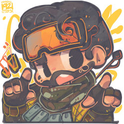 Rule 34 | 1boy, absurdres, apex legends, artist name, black eyes, black gloves, black hair, black scarf, chibi, dated, facial hair, fingerless gloves, gloves, goatee, goggles, goggles on head, hair behind ear, highres, jrpencil, male focus, mirage (apex legends), pointing, portrait, scarf, shirt, solo, yellow shirt