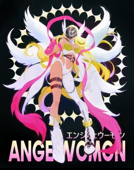 Rule 34 | 1girl, angewomon, armor, bare shoulders, black background, blonde hair, bodysuit, breastplate, breasts, character name, clothing cutout, covered eyes, digimon, digimon (creature), full body, helmet, helmet over eyes, highres, large breasts, lipstick, long hair, makeup, nail polish, navel, o-ring, rae (hexedwithluck), simple background, solo, stomach cutout, thigh strap, white bodysuit, white wings, wings