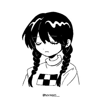 1girl artist_name braid closed_mouth commentary dot_nose eyelashes frown greyscale highres low_twin_braids madotsuki medium_hair monochrome nas_u oekaki portrait sad simple_background solo sweater symbol-only_commentary turtleneck turtleneck_sweater twin_braids twitter_username white_background yume_nikki