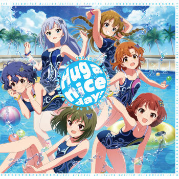 6+girls album_cover antenna_hair arms_up ball blue_eyes blue_hair braid brown_hair butterfly_hair_ornament cloud cover english_text green_hair grin hair_ornament idolmaster idolmaster_million_live! idolmaster_million_live!_theater_days innertube kousaka_umi midair multiple_girls nagayoshi_subaru nonohara_akane official_art one-piece_swimsuit open_mouth orange_hair palm_tree pool red_eyes red_hair sandals shiraishi_tsumugi smile swim_ring swimsuit toyokawa_fuka tree white_hair wristband yabuki_kana