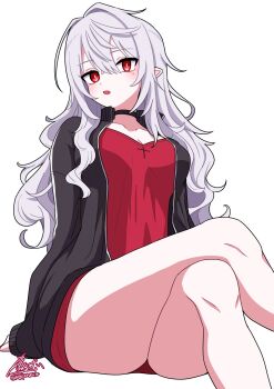 1girl black_choker black_jacket breasts choker cleavage collarbone cross cross_print crossed_legs fang feet_out_of_frame genderswap genderswap_(mtf) hair_between_eyes highres jacket large_breasts long_hair long_sleeves mole mole_under_eye negiponzu nijisanji open_clothes open_jacket open_mouth pointy_ears red_eyes red_shirt sanya_(2nd_costume)_(kuzuha) sanya_(kuzuha) shirt sidelocks signature simple_background sitting sleeves_past_wrists solo track_jacket unzipped v-neck virtual_youtuber wavy_hair white_background white_hair