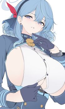 1girl ako_(blue_archive) bell black_gloves black_hairband blue_archive blue_eyes blue_hair blue_halo blush breasts button_gap cowbell gloves hair_between_eyes hairband halo highres huge_breasts long_sleeves looking_at_viewer medium_hair neck_bell re0n sideboob sideless_outfit sideless_shirt simple_background solo upper_body white_background