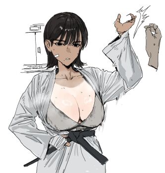 1girl belt black_belt commentary_request disembodied_hand dougi kosubi_(tsuneta328) martial_arts martial_arts_belt open_clothes open_shirt original shirt slapping solo tomboy white_background white_shirt