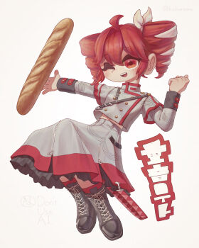 1girl absurdres baguette black_boots boots bread buttons commentary_request double-breasted drill_hair food full_body grey_jacket grey_skirt hair_ribbon highres jacket kakureonu kasane_teto kasane_teto_(sv) long_sleeves looking_at_viewer one_eye_closed open_mouth red_eyes red_hair ribbon simple_background skirt smile solo synthesizer_v twin_drills utau white_background white_ribbon