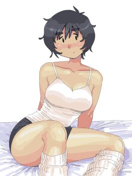 1girl absurdres bare_shoulders black_eyes black_hair black_shorts breasts camisole collarbone commentary english_commentary heidi_(heytherenrds) highres large_breasts loose_socks madeline_(heytherenrds) on_bed original short_hair shorts simple_background socks solo spaghetti_strap thick_eyebrows white_background white_socks