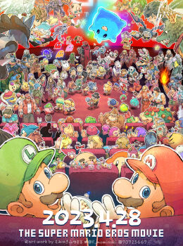 6+boys 6+girls absurdly_detailed_composition aerith_gainsborough alphys amy_rose animal_crossing annotation_request arms_(game) banjo-kazooie banjo_(banjo-kazooie) bayonetta bayonetta_(series) black_hair blinky_(pac-man) blonde_hair blue_eyes blue_hair bob-omb bowser braid brewster_(animal_crossing) brown_hair camus_(dq11) captain_falcon castlevania_(series) character_request clothing_cutout cloud_strife clyde_(pac-man) copyright_name copyright_request crown crown_braid dated dog dog_(duck_hunt) donkey_kong dragon_quest drink duck_(duck_hunt) duck_hunt english_text facial_hair falco_lombardi family_computer_robot fatal_fury fiery_tail final_fantasy final_fantasy_vii fingerless_gloves fire food fox_mccloud frisk_(undertale) fuyumaru_mominoki ganondorf gen_1_pokemon gen_4_pokemon gen_6_pokemon geno_(mario) glasses glove_cutout gloves goombario greig_(dq11) greninja grey_hair hat hero_(dq11) highres holding holding_tray inkling_boy inkling_girl inkling_player_character inky_(pac-man) isabelle_(animal_crossing) jigglypuff kazooie_(banjo-kazooie) kid_icarus king_dedede kingdom_hearts kirby kirby_(series) legendary_pokemon little_mac lucario lucas_(mother_3) luigi mabel_able_(animal_crossing) mallow_(mario) mario mario_(series) mario_bros. mega_man_(character) mega_man_(series) meta_knight metroid metroid_(creature) metroid_larva mettaton mettaton_ex mewtwo min_min_(arms) minecraft mother_(series) mother_2 mother_3 movie_theater mr._game_&amp;_watch multiple_boys multiple_girls mustache napstablook ness_(mother_2) nintendo open_mouth outline pac-man pac-man_(game) paper_mario paper_mario_(character) papyrus_(undertale) pikachu pikmin_(creature) pikmin_(series) pink_shoes pinky_(pac-man) piranha_plant pit_(kid_icarus) pointy_ears pokemon pokemon_(creature) ponytail popcorn princess_peach princess_zelda punch-out!! pyra_(xenoblade) red_hair ridley rosalina samus_aran sans_(undertale) senya_(dq11) sephiroth shoes short_ponytail slime_(dragon_quest) smile sonic_(series) sonic_the_hedgehog sora_(kingdom_hearts) splatoon_(series) squirtle star_fox starman_(mother) steve_(minecraft) street_fighter super_mario_rpg super_smash_bros. sylvia_(dq11) tail terry_bogard the_legend_of_zelda the_legend_of_zelda:_the_wind_waker the_super_mario_bros._movie thumbs_up tifa_lockhart tom_nook_(animal_crossing) top_hat toriel tray undertale undyne utdr_(toby_fox) villager_(animal_crossing) waddle_dee wario warp_pipe white_gloves white_outline wii_fit wii_fit_trainer xenoblade_chronicles_(series) yoshi