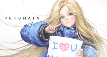 Rule 34 | 1girl, absurdres, blonde hair, diana (pragmata), green eyes, heart, highres, holding, holding sign, jacket, long hair, looking at viewer, noki ice, paint stains, pragmata, sign, smile, solo, upper body