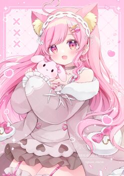 1girl :d ahoge animal_ear_fluff animal_ears bare_shoulders black_choker blush breasts brown_dress brown_skirt cat_ears cat_girl chiika_(cure_cherish) choker commentary_request commission dress earrings fang frilled_sleeves frills fur_trim garter_straps gold_earrings hair_ornament hairband hairclip heart heart_ahoge heart_earrings heart_hair_ornament highres hugging_object indie_virtual_youtuber jacket jewelry large_breasts long_hair long_sleeves looking_at_viewer momonya_miyui nail_polish off_shoulder open_mouth pink_background pink_eyes pink_hair pink_nails ribbon-trimmed_hairband skeb_commission skin_fang skirt sleeves_past_wrists smile solo stuffed_animal stuffed_rabbit stuffed_toy swept_bangs thighhighs twitter_username very_long_hair virtual_youtuber watermark white_hairband x_hair_ornament