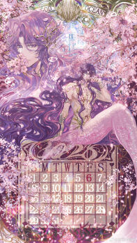 Rule 34 | 1boy, absurdres, arm support, arm tattoo, armlet, bracelet, bracer, branch, calendar (medium), castle, cherry blossoms, chest tattoo, chinese commentary, closed mouth, commentary request, convenient hair, coral, coral hair ornament, curtained hair, english text, face chain, falling petals, fins, flower, full body, gem, gold necklace, gold tattoo, hair ornament, hand up, head fins, highres, holding, holding branch, jewelry, light particles, long hair, looking at viewer, love and deepspace, male focus, merman, monster boy, multiple bracelets, necklace, outside border, parted bangs, pearl (gemstone), pectorals, petals, pink flower, pink scales, pink theme, projected inset, purple eyes, purple hair, rafayel (love and deepspace), red tattoo, seashell, shell, silver armlet, silver bracelet, sitting, smelling, smelling flower, smile, snow234, stomach tattoo, tattoo, toned, toned male, topless male, very long hair, wavy hair