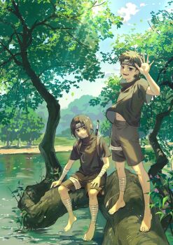 2boys aged_down bandaged_arm bandaged_leg bandages barefoot black_hair black_shirt child commentary curtained_hair floating_clothes full_body grey_shirt high_collar highres looking_at_viewer male_focus momoyoru1 multiple_boys naruto_(series) naruto_shippuuden on_tree shirt short_hair sitting uchiha_itachi uchiha_shisui waving weapon weapon_on_back