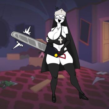 1girl breasts chainsaw friday_night_funkin&#039; gallo_wazavi ghost highres large_breasts lingerie nun open_mouth solo taki_(friday_night_funkin&#039;) thighhighs underwear